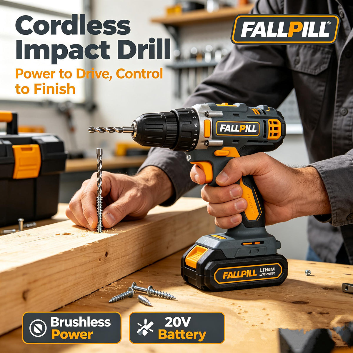 🌟FALLPILL 20V Brushless Cordless Impact Drill